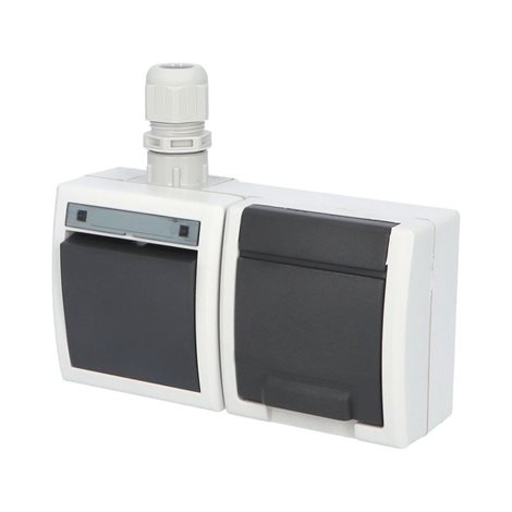 ATLAS 2K IP65 Přepínač č.6+zásuvka 2P+PE vodorovně s vývodkou M20, na povrch, šedá 2