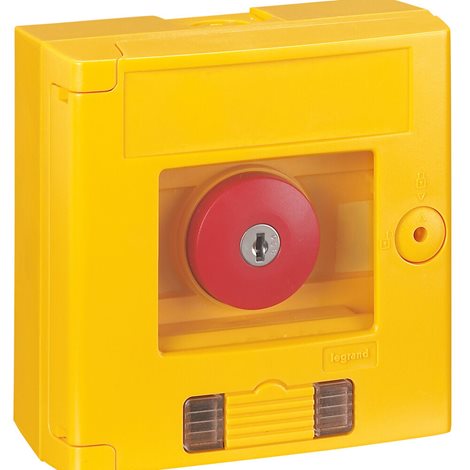 038000 NOUZOVÉ TLAČ.,KLÍČ,1NO+NC,LED,SKLO,ŽLUT.