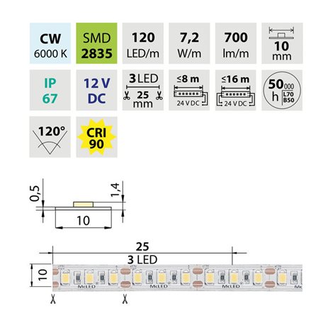 ML-121.006.90.2 LED pásek SMD2835 CW, 120LED/m, 7,2W/m, DC 12V, 700lm/m, CRI90, IP67, 10mm, 50m 5