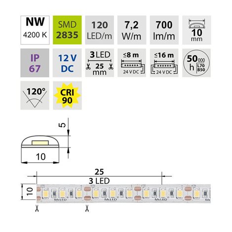 ML-121.007.90.2 LED pásek SMD2835 NW, 120LED/m, 7,2W/m, DC 12V, 700lm/m, CRI90, IP67, 10mm, 50m 4