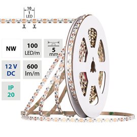 ML-121.070.90.0 LED pásek stranový SMD3014 NW, 100LED/m, 6W/m, 600lm/m, CRI90, IP20, DC12V, 5mm, 5m