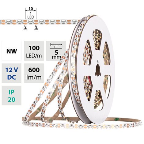 ML-121.070.90.0 LED pásek stranový SMD3014 NW, 100LED/m, 6W/m, 600lm/m, CRI90, IP20, DC12V, 5mm, 5m 1