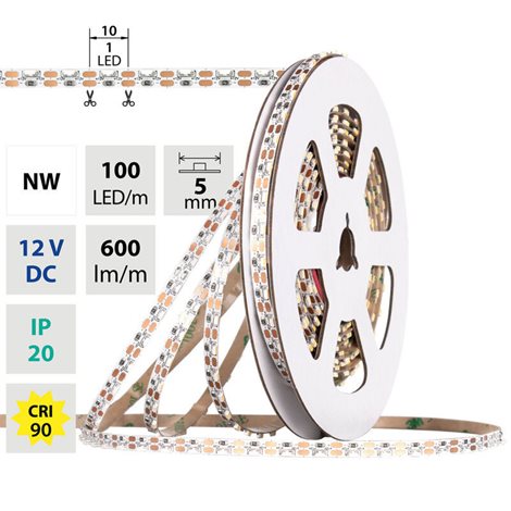 ML-121.070.90.0 LED pásek stranový SMD3014 NW, 100LED/m, 6W/m, 600lm/m, CRI90, IP20, DC12V, 5mm, 5m 5