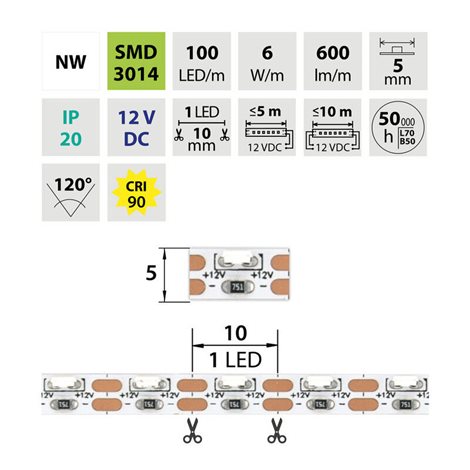 ML-121.070.90.0 LED pásek stranový SMD3014 NW, 100LED/m, 6W/m, 600lm/m, CRI90, IP20, DC12V, 5mm, 5m 4