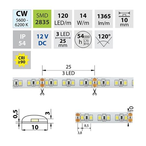 ML-121.360.60.0 LED pásek SMD2835 CW, 120LED/m, 14W/m, 1365lm/m, IP54, DC 12V, 10mm, 5m 6