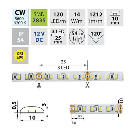 ML-121.360.60.0 LED pásek SMD2835 CW, 120LED/m, 14W/m, 1365lm/m, IP54, DC 12V, 10mm, 5m 7