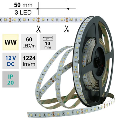 ML-121.700.60.0 LED pásek SMD2835 WW, 60LED/m, 14,4W/m, 1224lm/m, IP20, DC 12V, 10mm, 5m 1