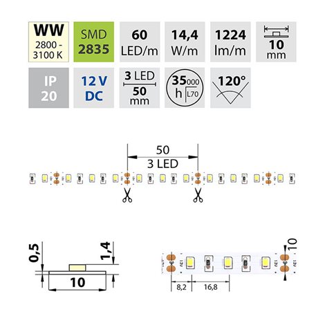 ML-121.700.60.0 LED pásek SMD2835 WW, 60LED/m, 14,4W/m, 1224lm/m, IP20, DC 12V, 10mm, 5m 10