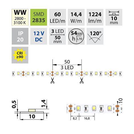ML-121.700.60.0 LED pásek SMD2835 WW, 60LED/m, 14,4W/m, 1224lm/m, IP20, DC 12V, 10mm, 5m 4