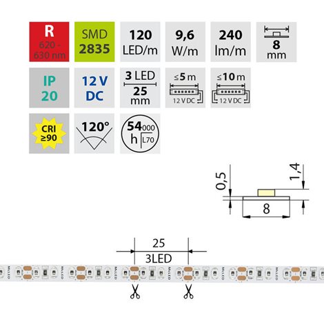 ML-121.834.60.0 LED pásek SMD2835 R, 120LED/m, 9,6W/m, DC 12V, 240lm/m, IP20, 8mm, 5m 11