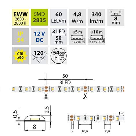 ML-121.846.60.0 LED pásek SMD2835 EWW, 60LED/m, 4,8W/m, DC 12V, 340lm/m, CRI90, IP54, 8mm, 5m 6