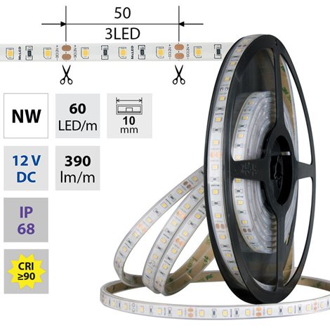 ML-121.858.60.0 LED pásek SMD2835 NW, 60LED/m, 4,8W/m, DC 12V, 390lm/m, CRI90, IP68, 10mm, 5m 1