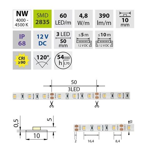 ML-121.858.60.0 LED pásek SMD2835 NW, 60LED/m, 4,8W/m, DC 12V, 390lm/m, CRI90, IP68, 10mm, 5m 5