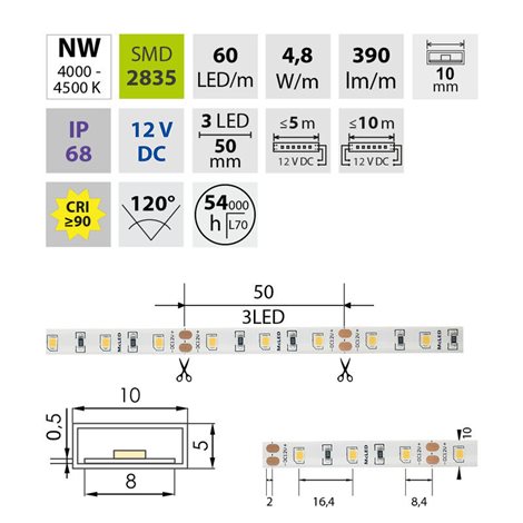 ML-121.858.60.0 LED pásek SMD2835 NW, 60LED/m, 4,8W/m, DC 12V, 390lm/m, CRI90, IP68, 10mm, 5m 4