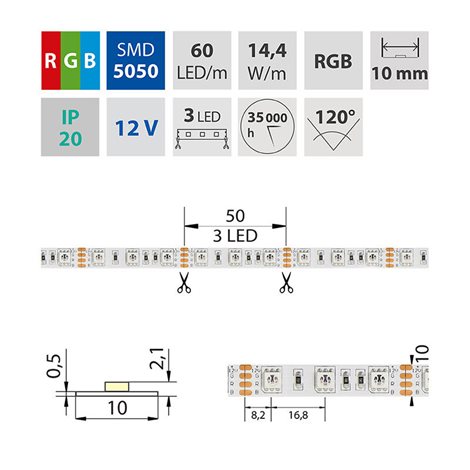 ML-123.601.60.0 LED pásek SMD5050 RGB, 60LED/m, 14,4W/m, DC12V, 560lm/m, IP20, 10mm, 5m 5