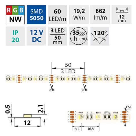 ML-123.636.60.0 LED pásek SMD5050 RGB + NW, 60LED/m, 19,2W/m, 862lm/m, IP20, DC12V, 12mm, 5m 7