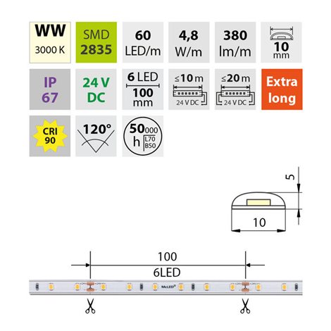 ML-126.003.90.2 LED pásek SMD2835 WW, 60LED/m, 4,8W/m, DC 24V, 380lm/m, CRI90, IP67, 10mm, 50m 2