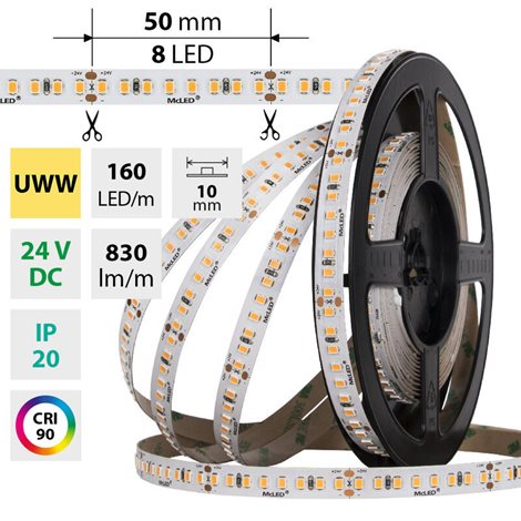 ML-126.021.90.0 LED pásek SMD2835 UWW, 160LED/m, 9W/m, DC 24V, 830lm/m, CRI90, IP20, 10mm, 5m 1