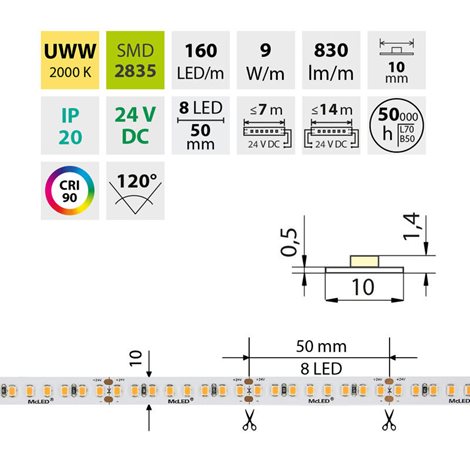 ML-126.021.90.0 LED pásek SMD2835 UWW, 160LED/m, 9W/m, DC 24V, 830lm/m, CRI90, IP20, 10mm, 5m 8