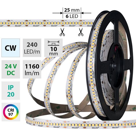 ML-126.022.90.0 LED pásek SMD2835 CW, 240LED/m, 14,4W/m, DC 24V, 1160lm/m, CRI97, IP20, 10mm, 5m 1