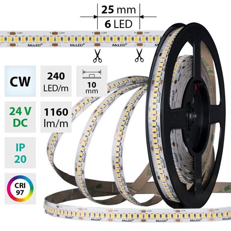 ML-126.022.90.0 LED pásek SMD2835 CW, 240LED/m, 14,4W/m, DC 24V, 1160lm/m, CRI97, IP20, 10mm, 5m 7