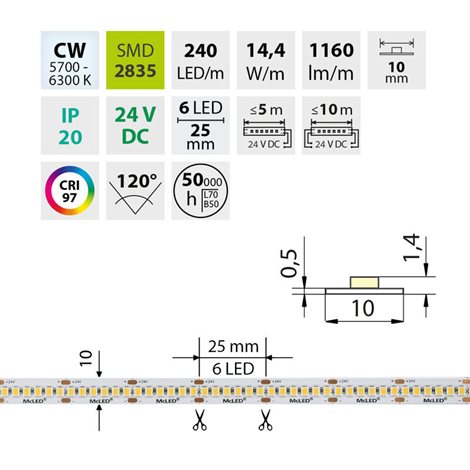 ML-126.022.90.0 LED pásek SMD2835 CW, 240LED/m, 14,4W/m, DC 24V, 1160lm/m, CRI97, IP20, 10mm, 5m 6