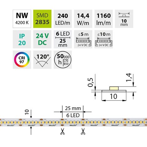 ML-126.024.90.0 LED pásek SMD2835 NW, 240LED/m, 14,4W/m, DC 24V, 1160lm/m, CRI97, IP20, 10mm, 5m 14