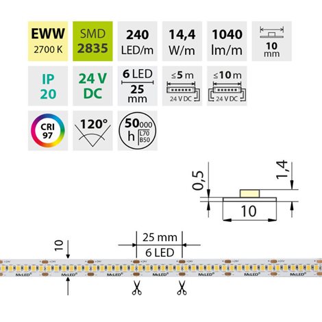 ML-126.026.90.0 LED pásek SMD2835 EWW, 240LED/m, 14,4W/m, DC 24V, 1040lm/m, CRI97, IP20, 10mm, 5m 11