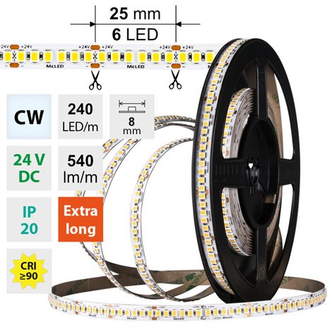 ML-126.027.90.0 LED pásek SMD2835 CW, 240LED/m, 6W/m, DC 24V, 540lm/m, CRI90, IP20, 8mm, 5m 3