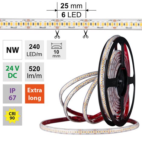 ML-126.033.90.2 LED pásek SMD2835 NW, 240LED/m, 6W/m, DC 24V, 520lm/m, CRI90, IP67, 10mm, 50m 1