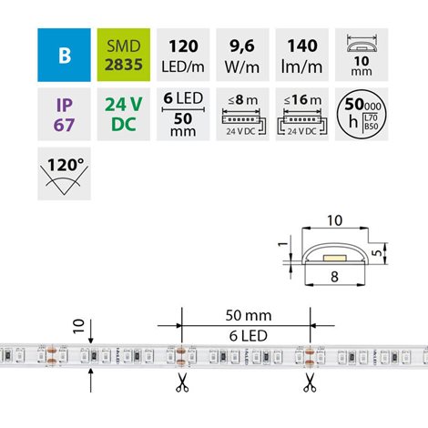 ML-126.039.90.0 LED pásek SMD2835 B, 120LED/m, 9,6W/m, DC 24V, 140lm/m, IP67, 10mm, 5m 3
