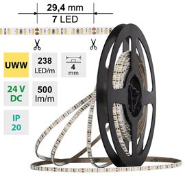 ML-126.040.90.7 LED pásek SMD2216 UWW, 238LED/m, 7,2W/m, DC 24V, 500lm/m, CRI90, IP20, 4mm, 10m