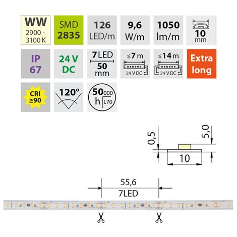 ML-126.047.90.0 LED pásek SMD2835 WW, 126LED/m, 9,6W/m, DC 24V, 1050lm/m, CRI90, IP67, 105°C, 5m 4