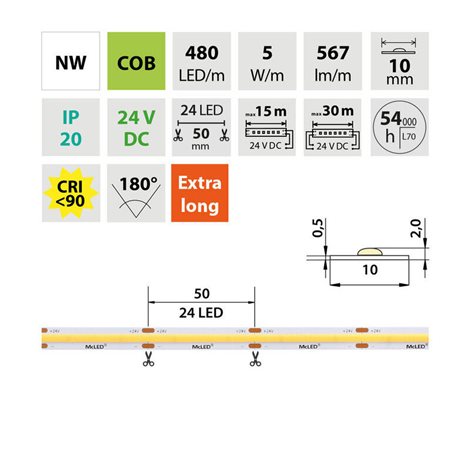 ML-126.051.83.0 LED pásek COB NW, 480LED/m, 5W/m, DC 24V, 567lm/m, CRI90, IP20, 10mm, 5m 4