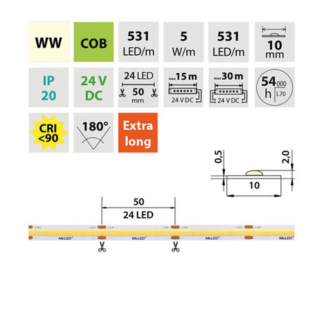 ML-126.052.83.0 LED pásek COB WW, 480LED/m, 5W/m, DC 24V, 531lm/m, CRI90, IP20, 10mm, 5m 2