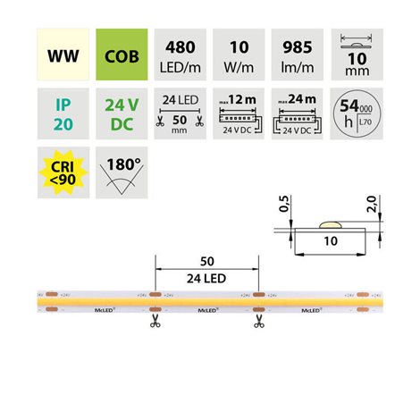 ML-126.055.83.0 LED pásek COB WW, 480LED/m, 10W/m, DC 24V, 985lm/m, CRI90, IP20, 10mm, 5m 2