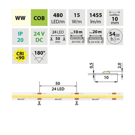 ML-126.058.83.2 LED pásek COB WW, 480LED/m, 15W/m, DC 24V, 1455lm/m, CRI90, IP20, 10mm, 50m 4