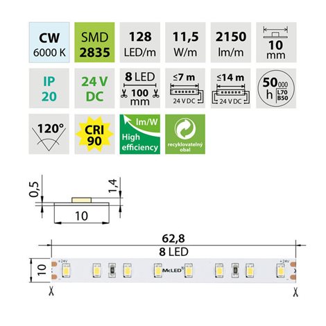 ML-126.065.90.2 LED pásek SMD2835 CW, 128LED/m, 11,5W/m, DC 24V, 2150lm/m, CRI90, IP20, 10mm, 50m 7