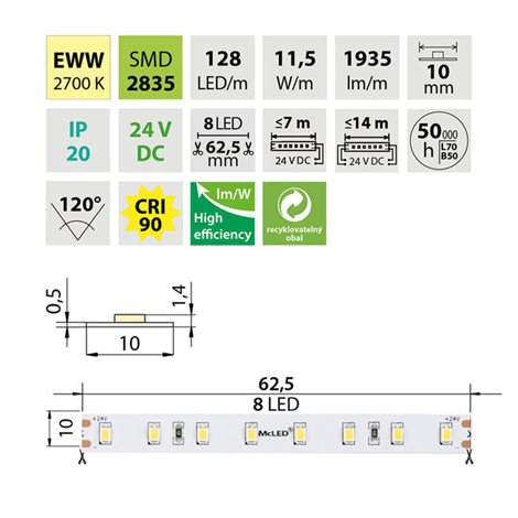 ML-126.068.90.2 LED pásek SMD2835 EWW, 128LED/m, 11,5W/m, DC 24V, 1935lm/m, CRI90, IP20, 10mm, 50m 5