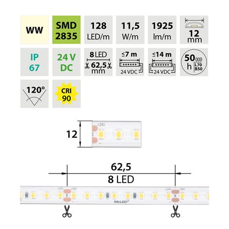 ML-126.074.90.2 LED pásek SMD2835 WW, 128LED/m, 11,5W/m, DC 24V, 1925lm/m, CRI90, IP67, 12mm, 50m 3
