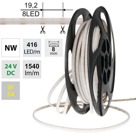 ML-126.083.90.2 LED pásek SOB NW, 416LED/m, 14W/m, DC 24V, 1540lm/m,CRI90,IP54,modul 19,2mm,8mm, 50m