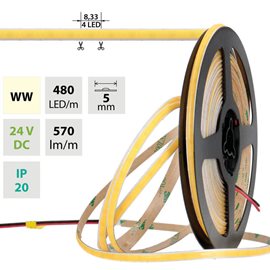 ML-126.111.90.0 LED pásek COB WW, 480LED/m, 6W/m, DC 24V, 570lm/m, CRI90, IP20, modul 8,33mm, 5m