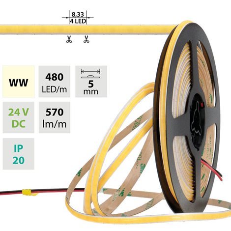 ML-126.111.90.0 LED pásek COB WW, 480LED/m, 6W/m, DC 24V, 570lm/m, CRI90, IP20, modul 8,33mm, 5m 1