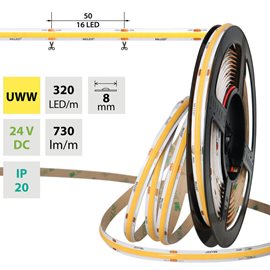 ML-126.114.90.0 LED pásek COB UWW, 320LED/m, 8W/m, DC 24V, 730lm/m, CRI90, IP20, modul 50mm, 8mm, 5m