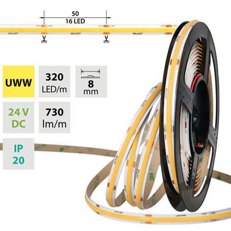 ML-126.114.90.0 LED pásek COB UWW, 320LED/m, 8W/m, DC 24V, 730lm/m, CRI90, IP20, modul 50mm, 8mm, 5m 1