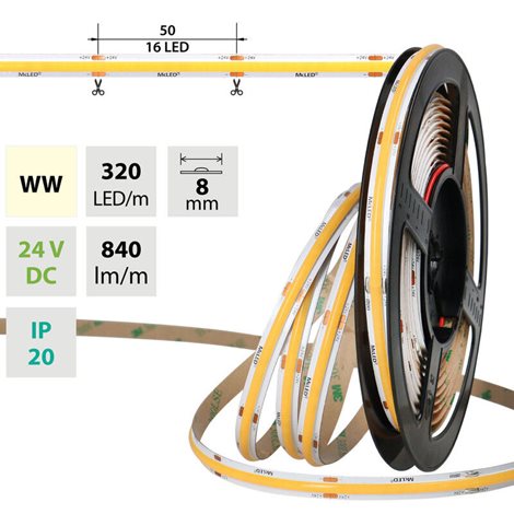 ML-126.116.90.0 LED pásek COB WW, 320LED/m, 8W/m, DC 24V, 840lm/m, CRI90, IP20, modul 50mm, 8mm, 5m 1