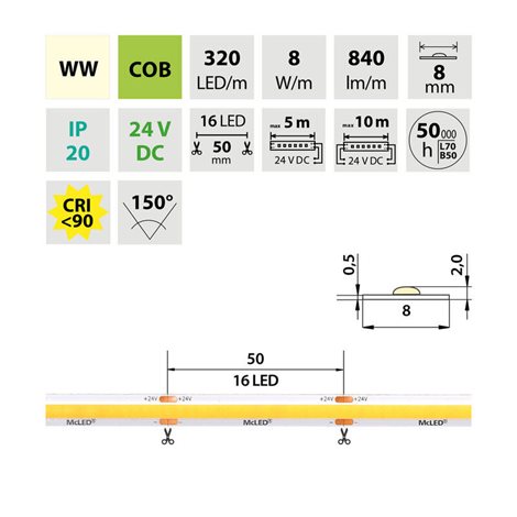ML-126.116.90.2 LED pásek COB WW, 320LED/m, 8W/m, DC 24V, 840lm/m, CRI90, IP20, modul 50mm, 8mm, 50m 3