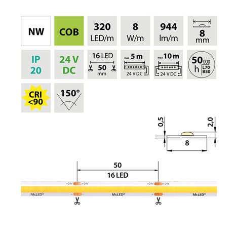 ML-126.117.90.2 LED pásek COB NW, 320LED/m, 8W/m, DC 24V, 944lm/m, CRI90, IP20, modul 50mm, 8mm, 50m 3