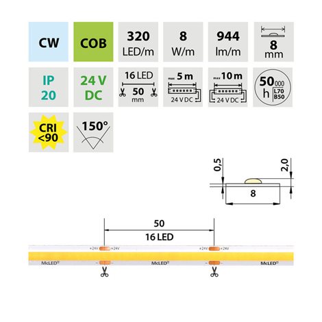 ML-126.118.90.0 LED pásek COB CW, 320LED/m, 8W/m, DC 24V, 944lm/m, CRI90, IP20, modul 50mm, 8mm, 5m 2