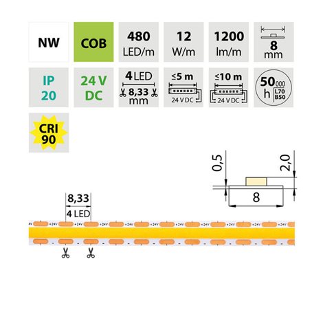 ML-126.122.90.2 LED pásek COB NW, 480LED/m, 12W/m, DC 24V, 1200lm/m, CRI90, IP20, modul 8,33mm, 50m 2